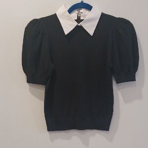 Alice + Olivia Black Knit Top with White Pointed Collar and Puff Sleeves - Women